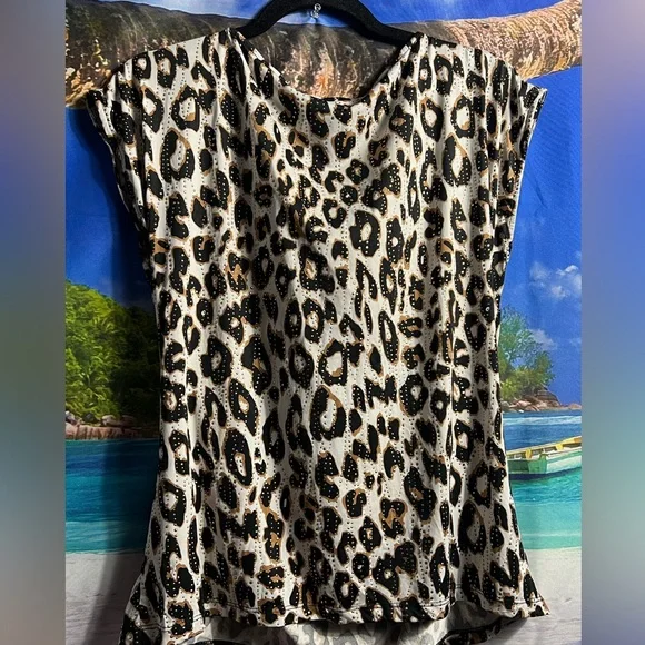 EMALINE Leopard Sleeveless Top Draped Neckline Size L - Picture 2 of 5